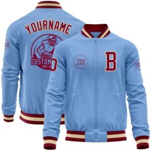 Custom Light Blue Maroon Cream Bomber Varsity&hellip;