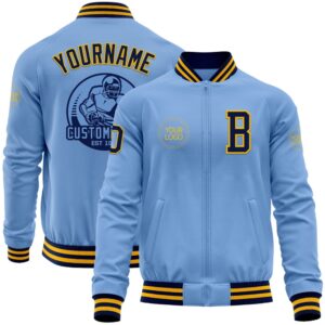 Custom Light Blue Navy Gold Bomber Varsity&hellip;