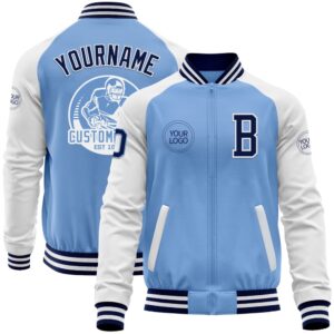 Custom Light Blue Navy White Bomber Varsity&hellip;