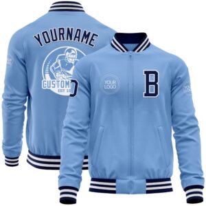 Custom Light Blue Navy White Bomber Varsity&hellip;