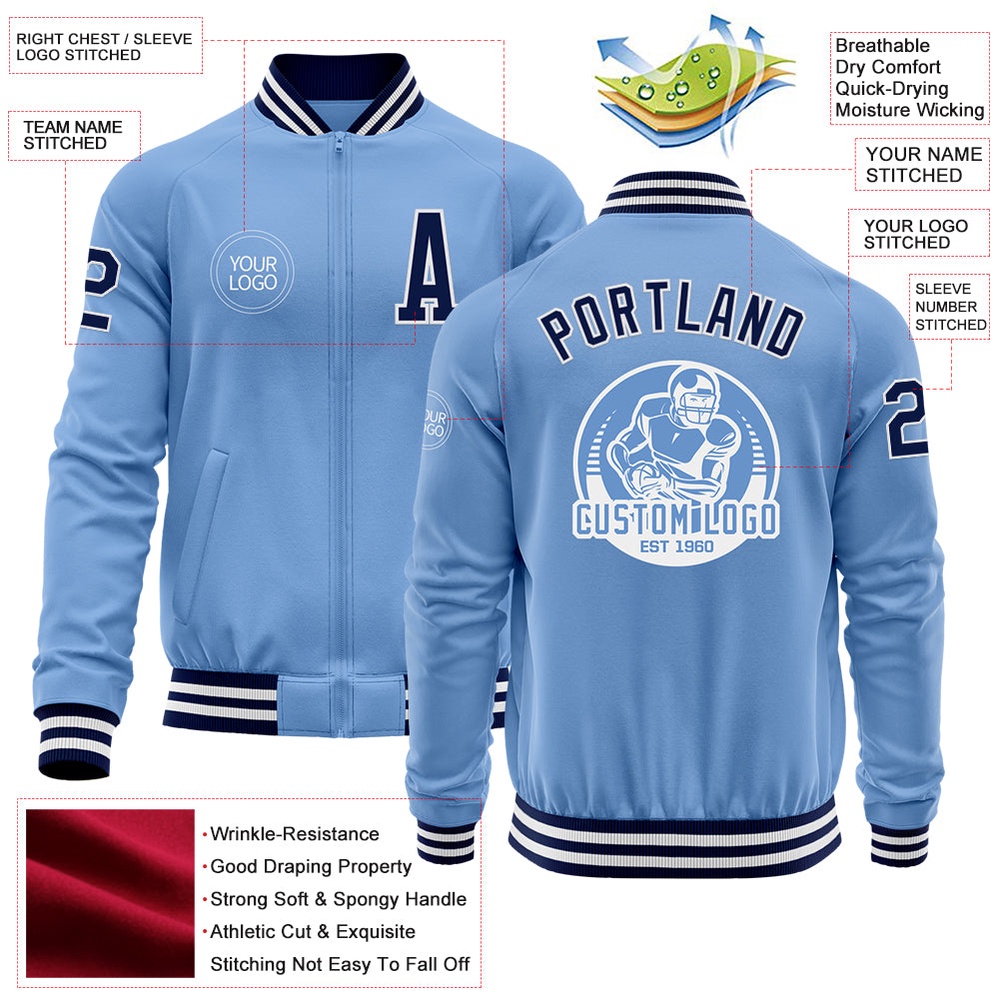 Custom Light Blue Navy White Bomber Varsity Letterman Zipper Jacket, Custom Team Jacket