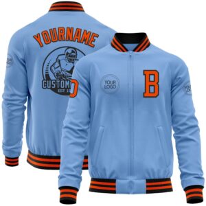Custom Light Blue Orange Black Bomber Varsity&hellip;