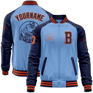 Custom Light Blue Orange Navy Bomber Varsity&hellip;