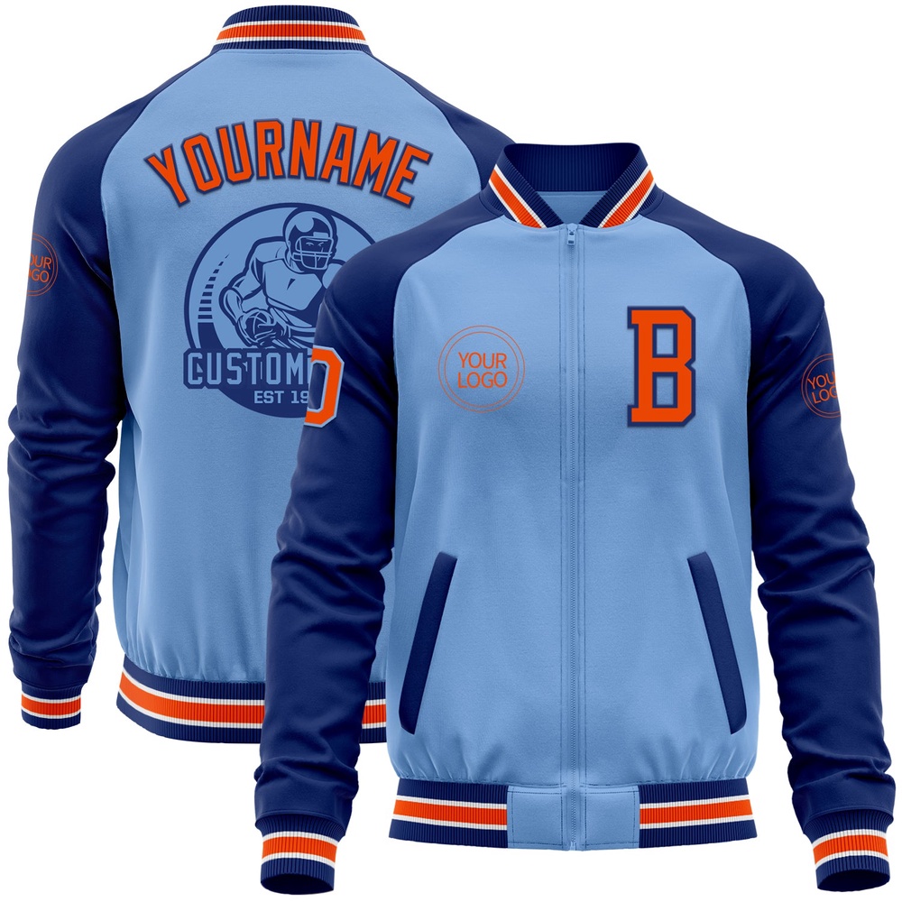 Custom Light Blue Orange Royal Bomber Varsity Baseball Jacket, Custom Team Jacket