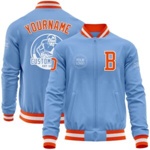 Custom Light Blue Orange White Bomber Varsity&hellip;