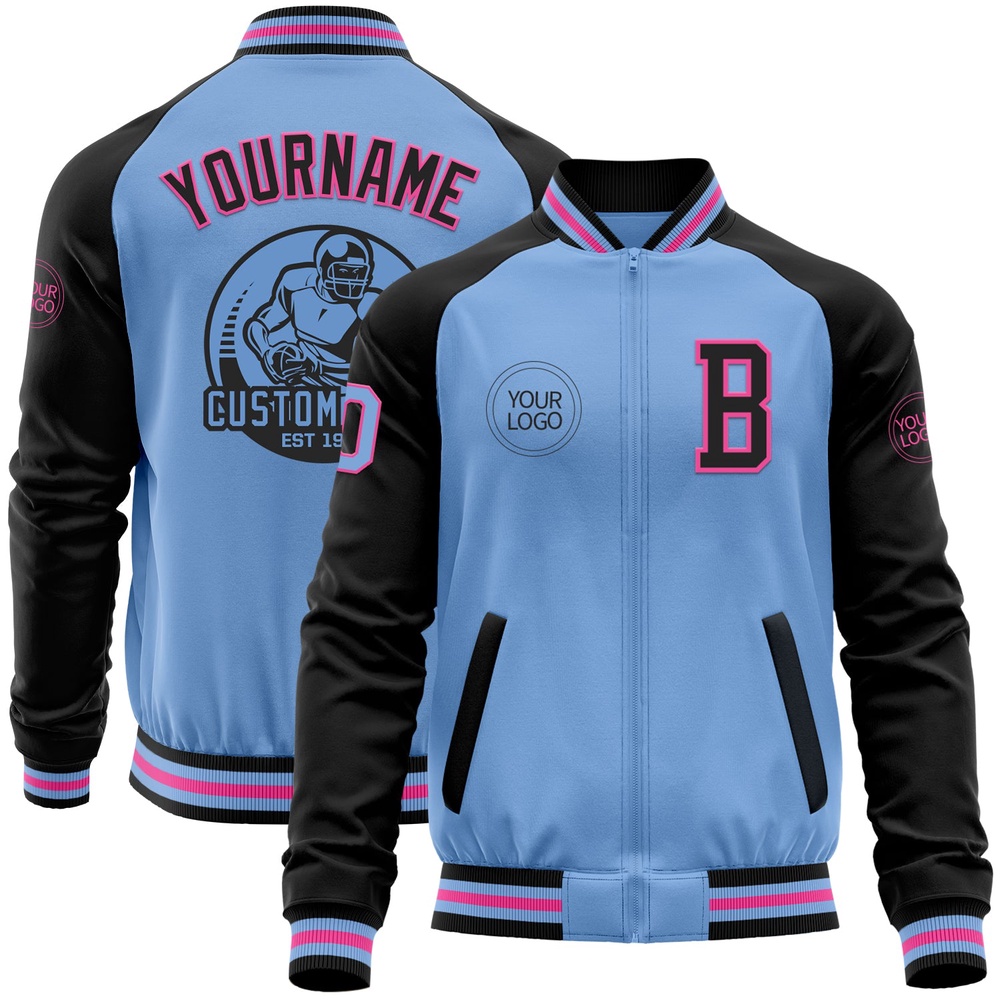 Custom Light Blue Pink Black Bomber Varsity Baseball Jacket, Custom Team Jacket