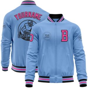 Custom Light Blue Pink Black Bomber Varsity&hellip;