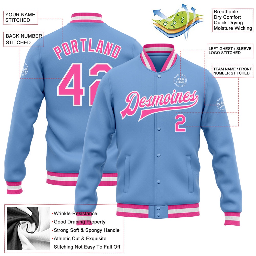 Custom Light Blue Pink White Bomber Full Snap Baseball Jacket, Custom Team Jacket
