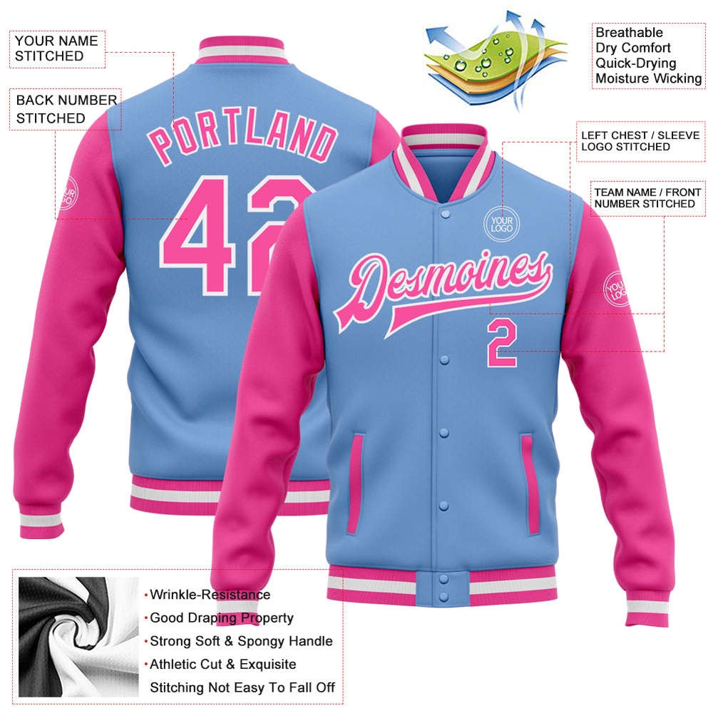 Custom Light Blue Pink White Bomber Full Snap Varsity Baseball Jacket, Custom Team Jacket