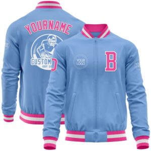 Custom Light Blue Pink White Bomber Varsity&hellip;