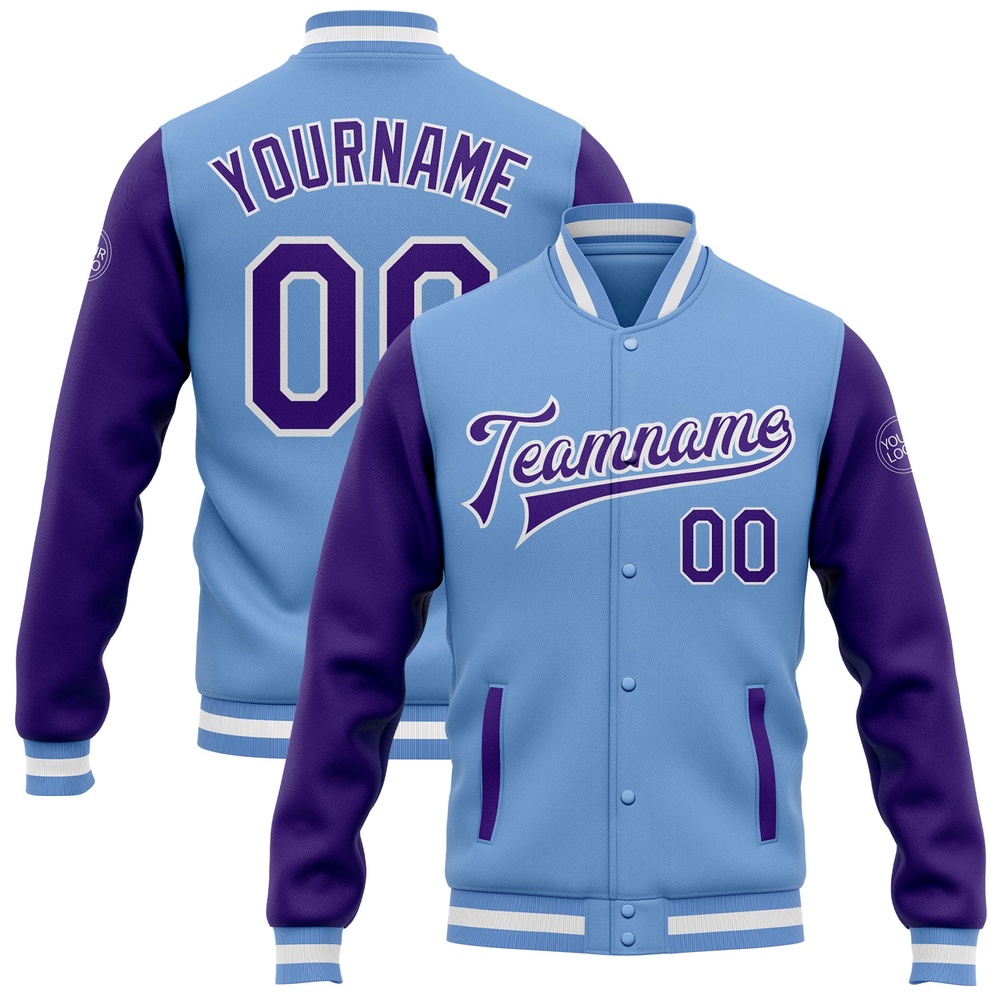 Custom Light Blue Purple White Bomber Full Snap Varsity Baseball Jacket, Custom Team Jacket