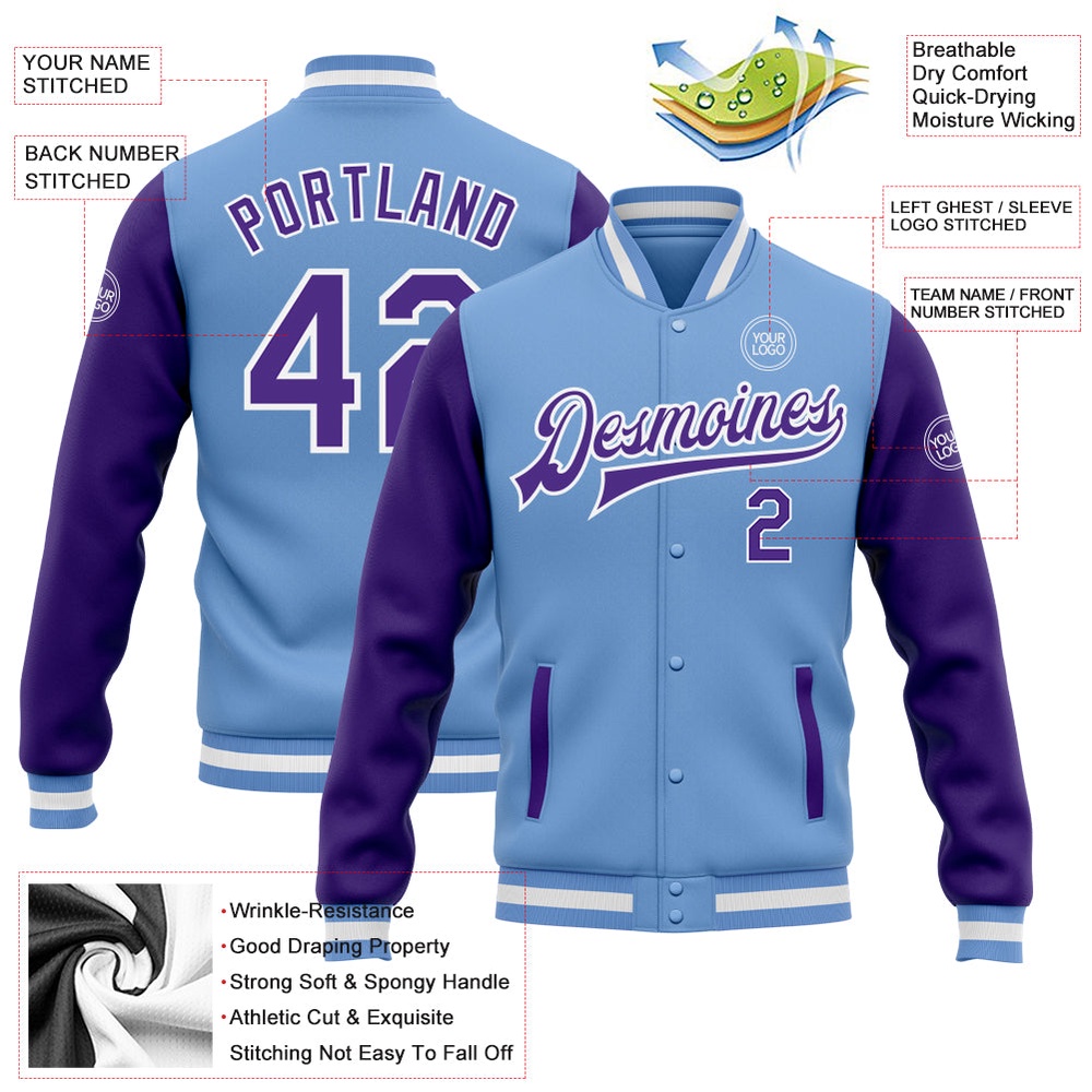 Custom Light Blue Purple White Bomber Full Snap Varsity Baseball Jacket, Custom Team Jacket