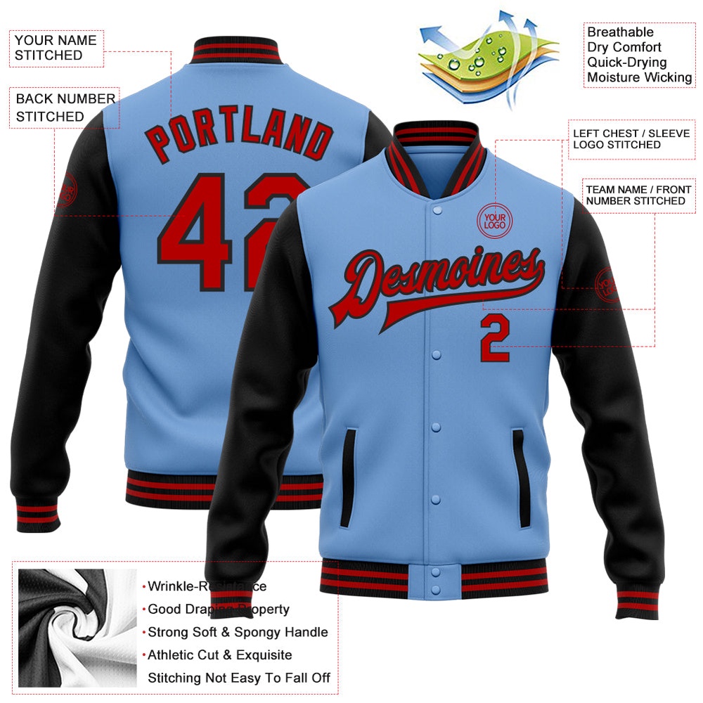 Custom Light Blue Red Black Bomber Full Snap Varsity Baseball Jacket, Custom Team Jacket