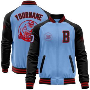 Custom Light Blue Red Black Bomber Varsity&hellip;