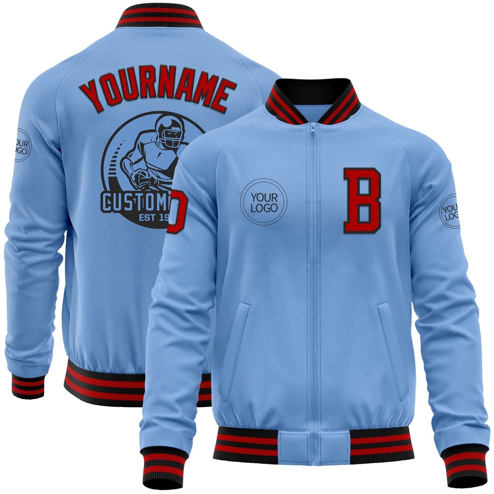 Custom Light Blue Red Black Bomber Varsity Letterman Zipper Jacket, Custom Team Jacket