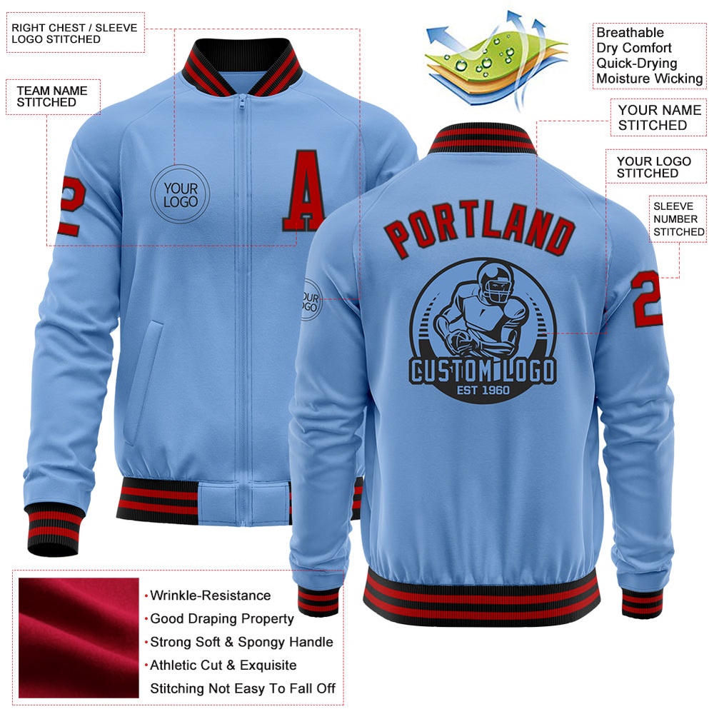 Custom Light Blue Red Black Bomber Varsity Letterman Zipper Jacket, Custom Team Jacket