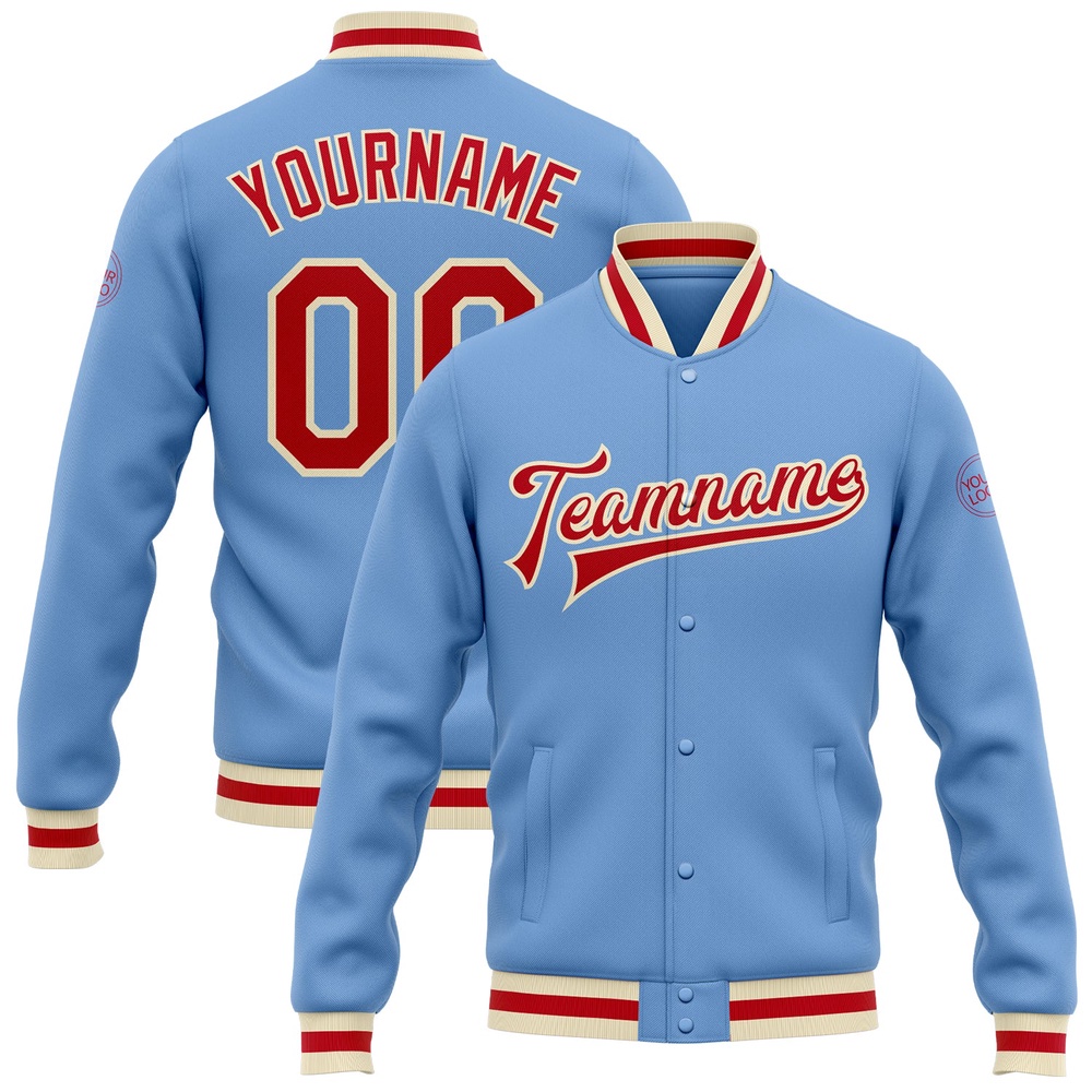 Custom Light Blue Red Cream Bomber Full Snap Baseball Jacket, Custom Team Jacket