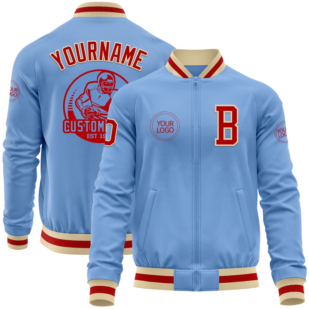 Custom Light Blue Red Cream Bomber Varsity Baseball Jacket, Custom Team Jacket