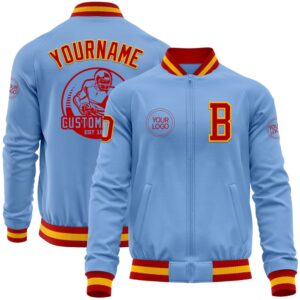 Custom Light Blue Red Gold Bomber Varsity&hellip;
