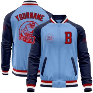 Custom Light Blue Red Navy Bomber Varsity&hellip;