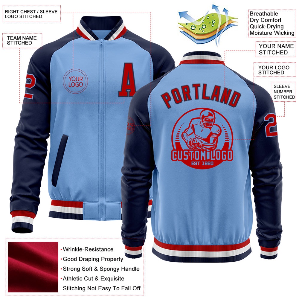 Custom Light Blue Red Navy Bomber Varsity Baseball Jacket, Custom Team Jacket