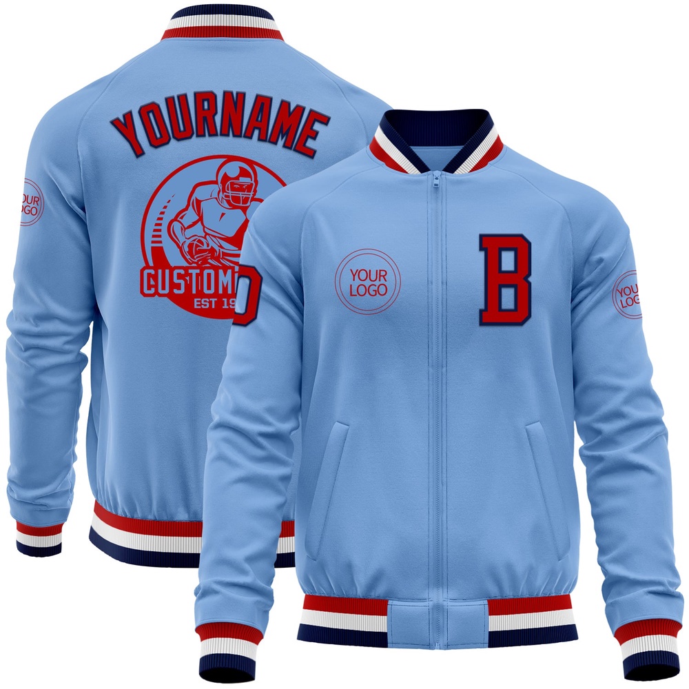 Custom Light Blue Red Navy Bomber Varsity Letterman Zipper Jacket, Custom Team Jacket