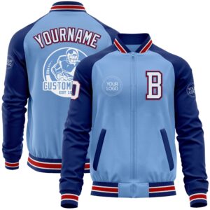 Custom Light Blue Red Royal Bomber Varsity&hellip;