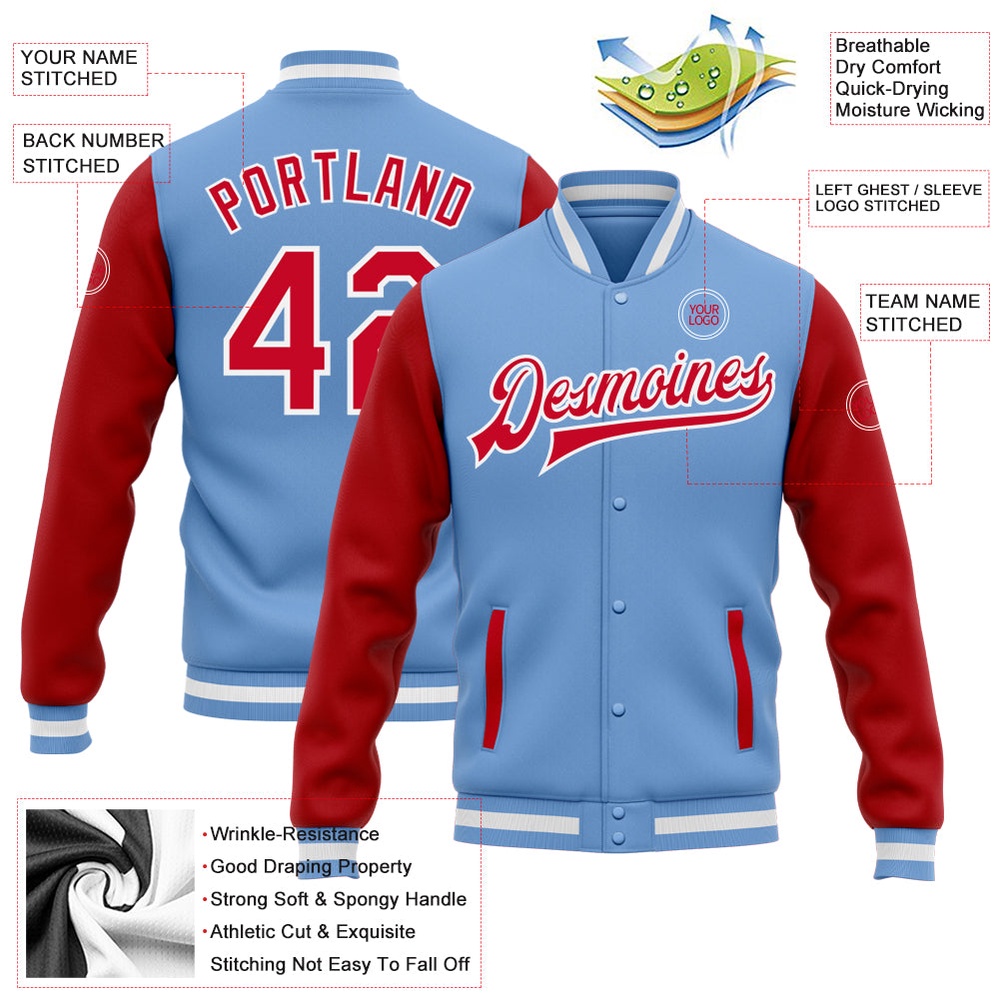 Custom Light Blue Red White Bomber Full Snap Varsity Baseball Jacket, Custom Team Jacket