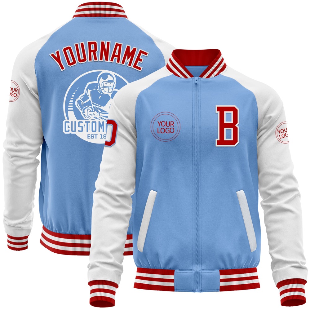 Custom Light Blue Red White Bomber Varsity Baseball Jacket, Custom Team Jacket