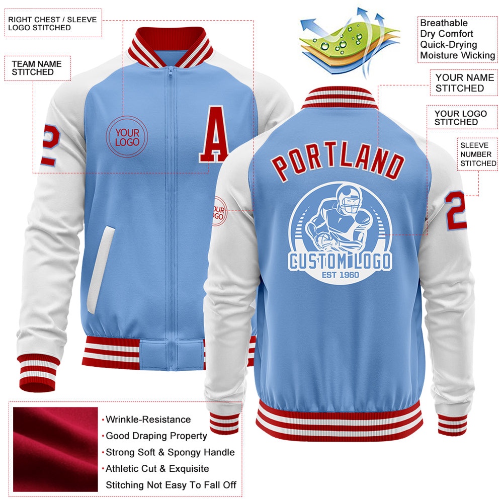 Custom Light Blue Red White Bomber Varsity Baseball Jacket, Custom Team Jacket