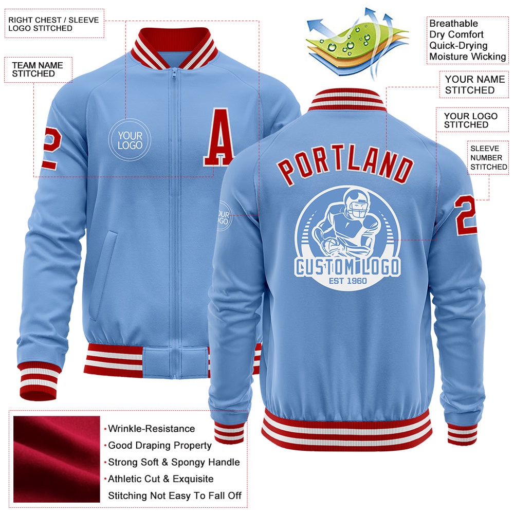 Custom Light Blue Red White Bomber Varsity Letterman Zipper Jacket, Custom Team Jacket