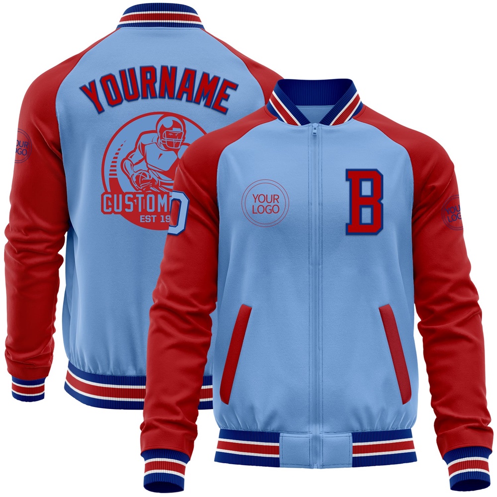 Custom Light Blue Royal Red Bomber Varsity Baseball Jacket, Custom Team Jacket