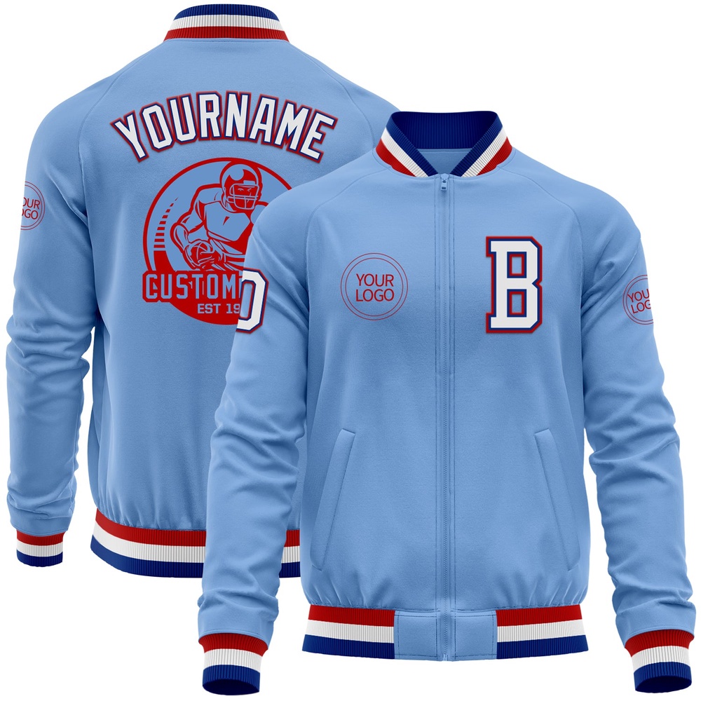 Custom Light Blue Royal Red Bomber Varsity Letterman Zipper Jacket, Custom Team Jacket