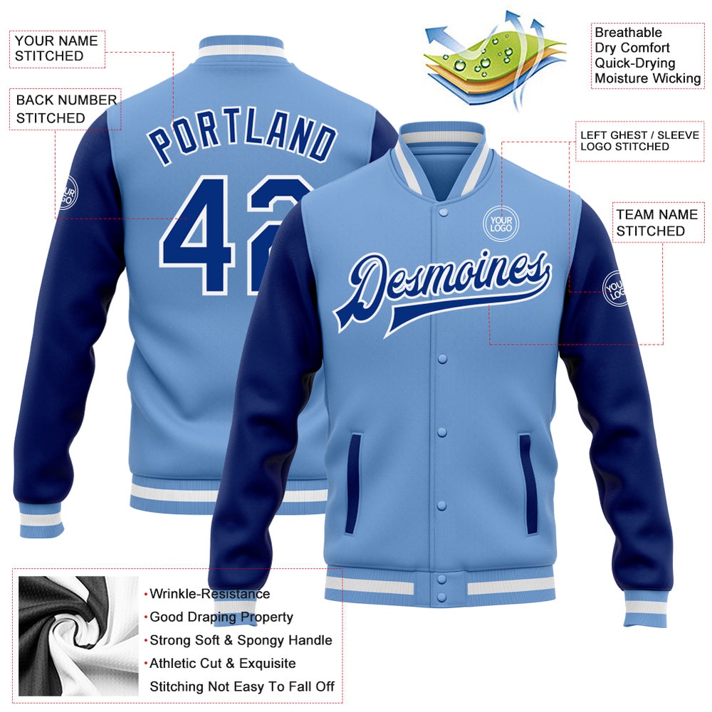 Custom Light Blue Royal White Bomber Full Snap Varsity Baseball Jacket, Custom Team Jacket