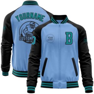 Custom Light Blue Teal Black Bomber Varsity&hellip;
