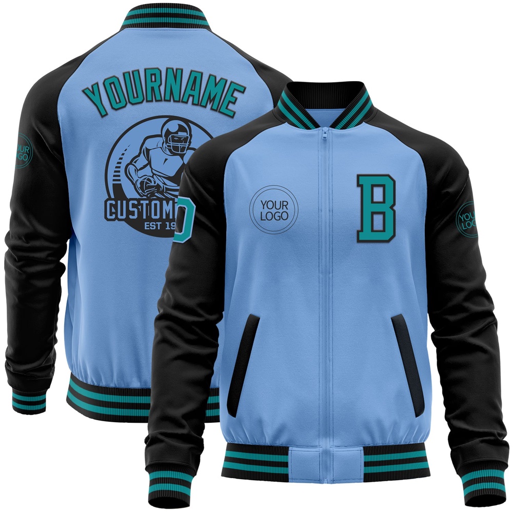 Custom Light Blue Teal Black Bomber Varsity Baseball Jacket, Custom Team Jacket