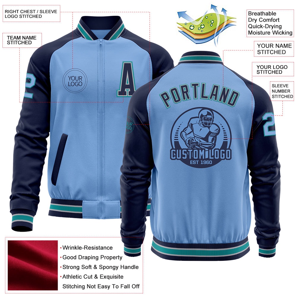 Custom Light Blue Teal Navy Gray Bomber Varsity Baseball Jacket, Custom Team Jacket