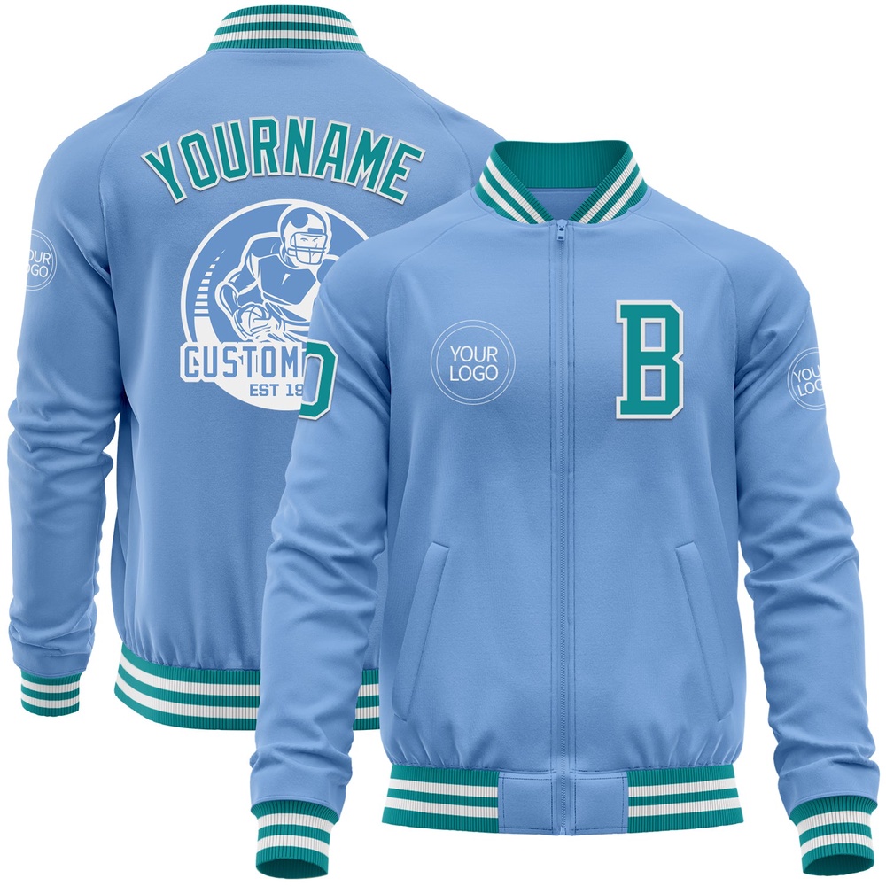 Custom Light Blue Teal White Bomber Varsity Baseball Jacket, Custom Team Jacket