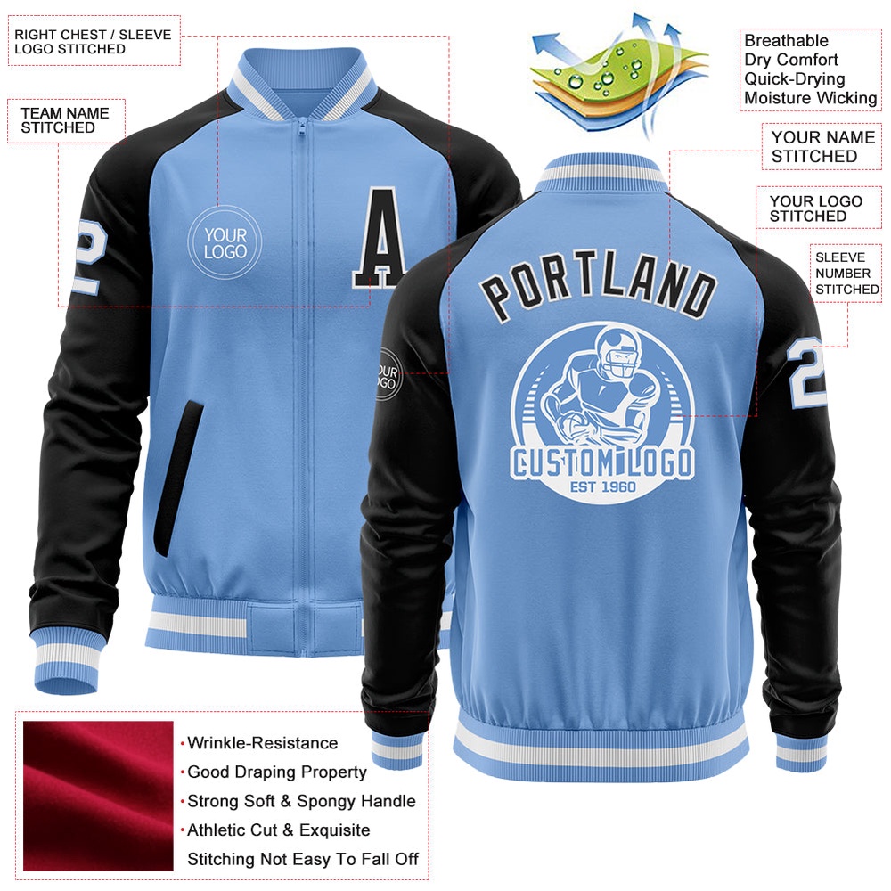 Custom Light Blue White Black Bomber Varsity Baseball Jacket, Custom Team Jacket