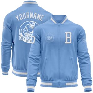Custom Light Blue White Bomber Varsity Baseball&hellip;