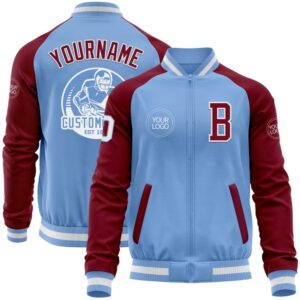 Custom Light Blue White Crimson Bomber Varsity&hellip;