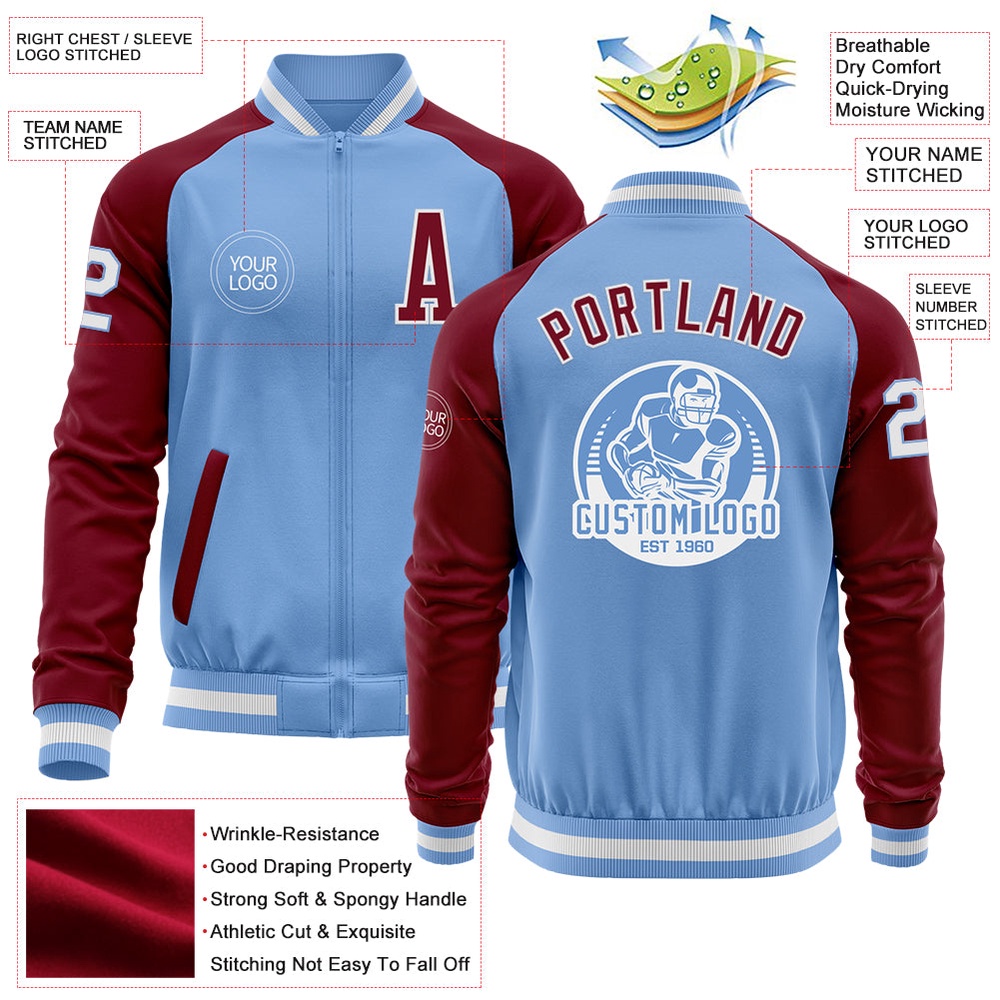 Custom Light Blue White Crimson Bomber Varsity Baseball Jacket, Custom Team Jacket