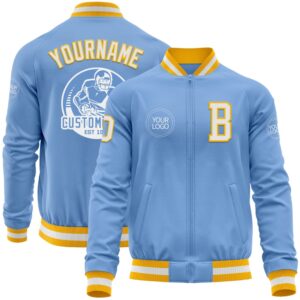 Custom Light Blue White Gold Bomber Varsity&hellip;