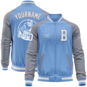 Custom Light Blue White Gray Bomber Varsity&hellip;