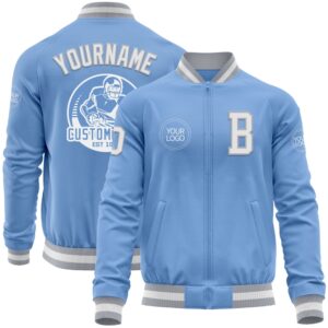 Custom Light Blue White Gray Bomber Varsity&hellip;