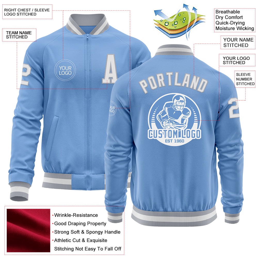 Custom Light Blue White Gray Bomber Varsity Letterman Zipper Jacket, Custom Team Jacket