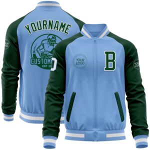 Custom Light Blue White Green Bomber Varsity&hellip;
