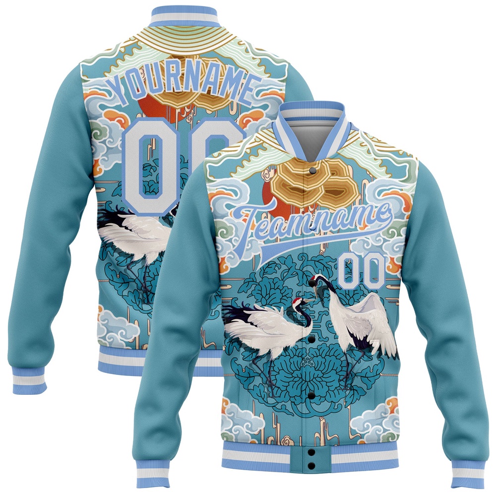 Custom Light Blue White Heron And Cloud 3D Pattern Design Bomber Full Snap Baseball Jacket, Custom Team Jacket