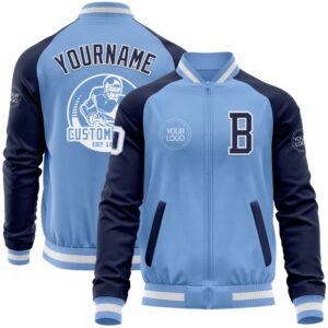 Custom Light Blue White Navy Bomber Varsity&hellip;