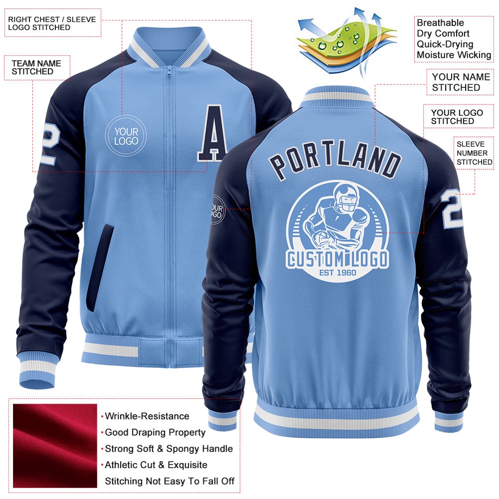 Custom Light Blue White Navy Bomber Varsity Baseball Jacket, Custom Team Jacket